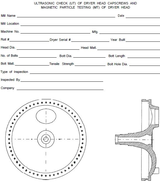 Sample ultrasonic and magnet particle testing of dryer capscrews form