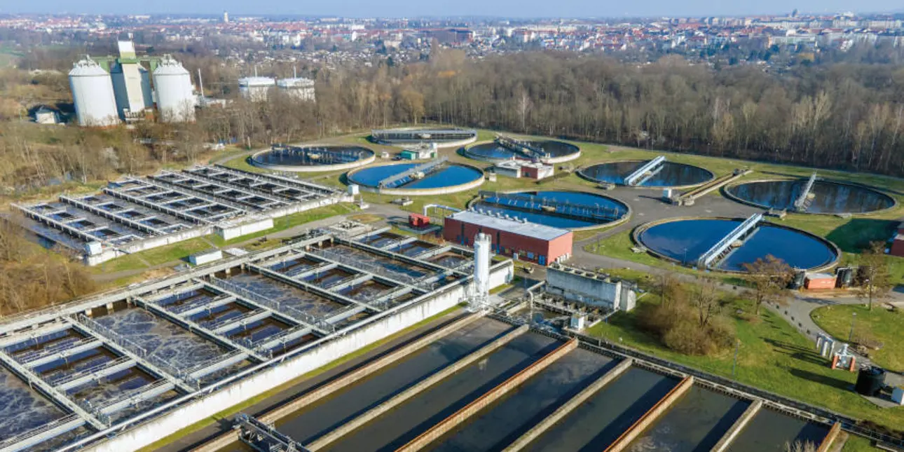 Bird view of Rosental Wastewater Treatment Plant in Leipzig, Germany.