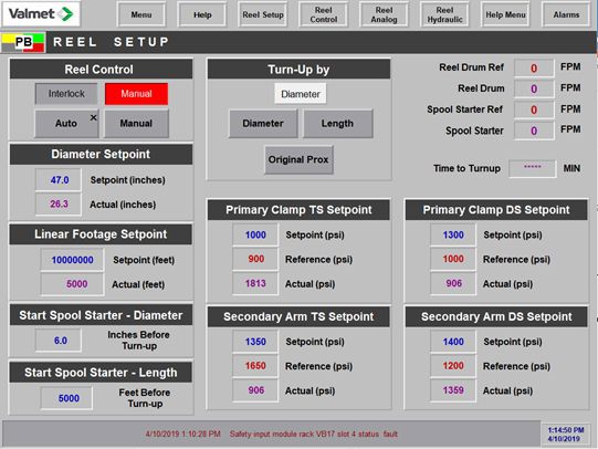 HMI screen for reel setup